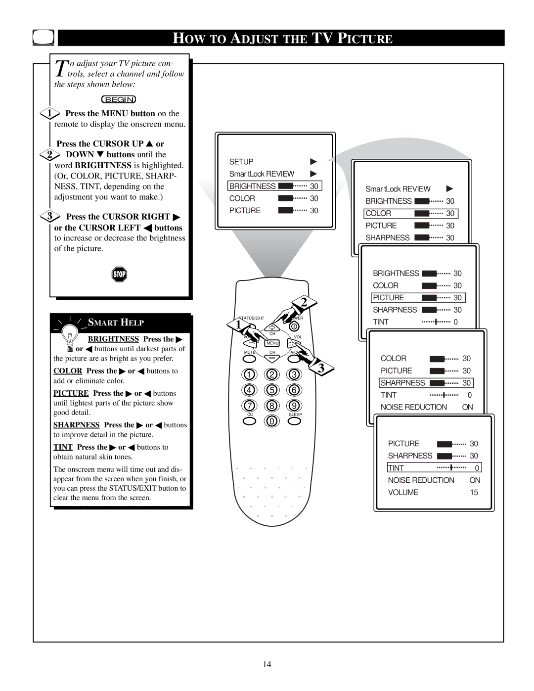 Philips PS1946C1 manual HOW to Adjust the TV Picture, Press the Menu button on, Press the Cursor UP or Down buttons until 