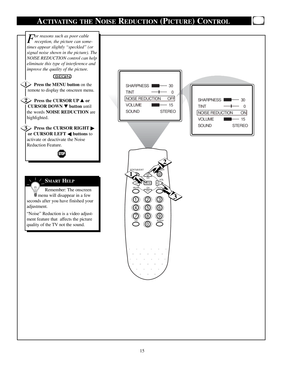 Philips PS1946C1 manual Activating the Noise Reduction Picture Control, Or Cursor Left buttons to 