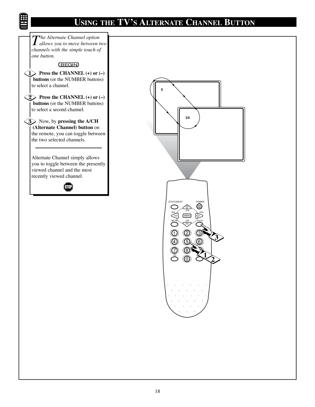 Philips PS1946C1 manual Using the TV’S Alternate Channel Button, Press the Channel + or 