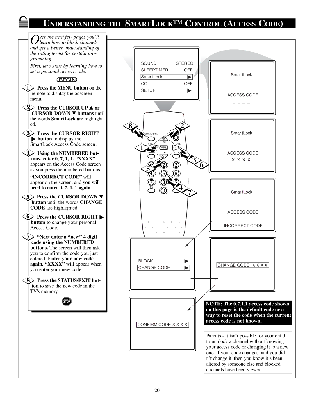 Philips PS1946C1 manual Understanding the Smartlock Control Access Code, Button to display the SmartLock Access Code screen 