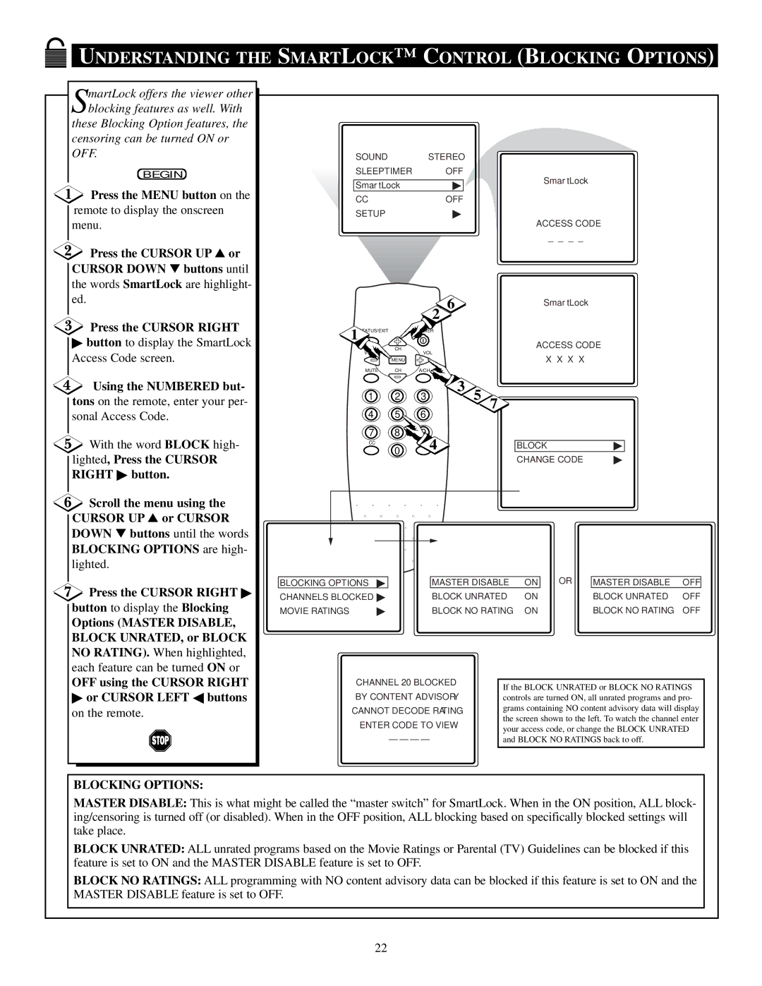 Philips PS1946C1 manual Understanding the Smartlock Control Blocking Options, Using the Numbered but, Lighted 