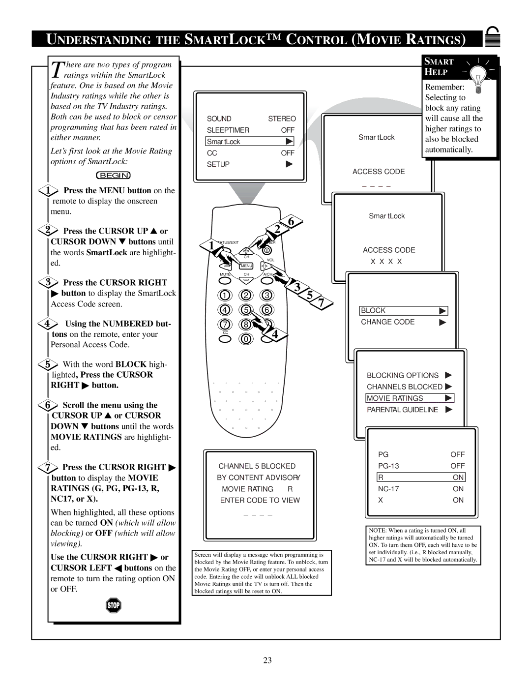 Philips PS1946C1 manual Understanding the Smartlock Control Movie Ratings, Use the Cursor Right or Cursor Left buttons on 