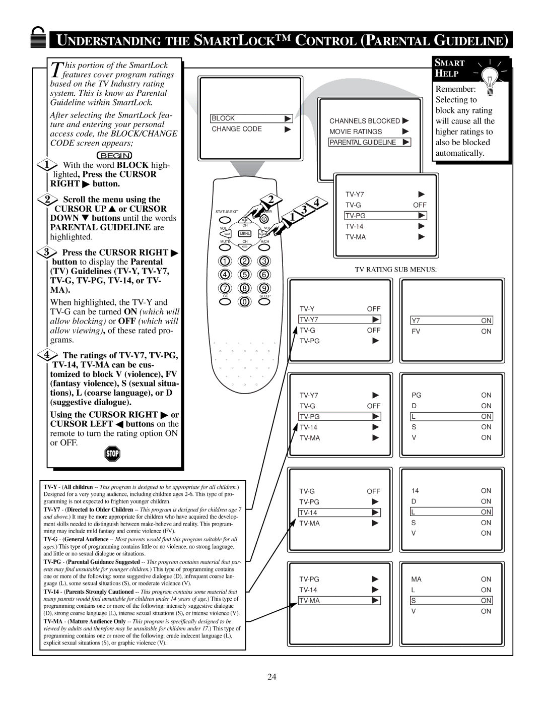 Philips PS1946C1 Remember, Selecting to, Block any rating, Will cause all, Higher ratings to, Also be blocked, Highlighted 