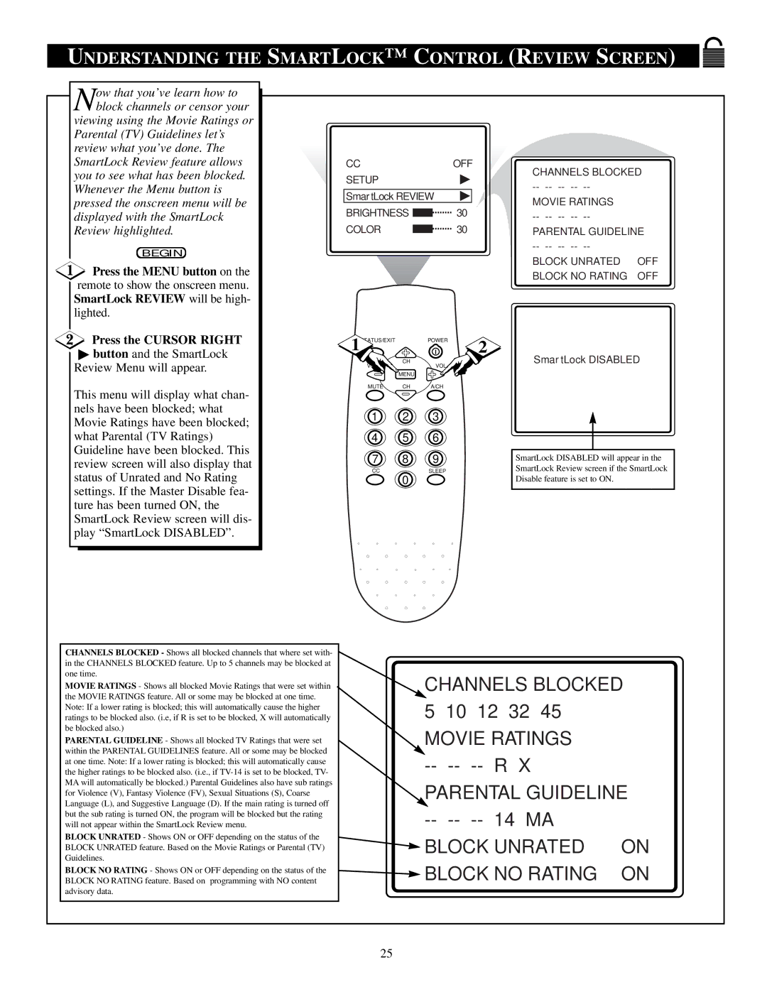 Philips PS1946C1 manual Understanding the Smartlock Control Review Screen, SmartLock Disabled 