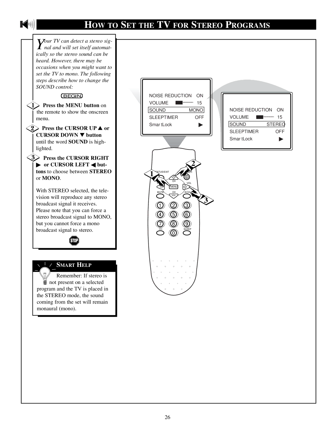 Philips PS1946C1 manual HOW to SET the TV for Stereo Programs, Until the word Sound is high- lighted 