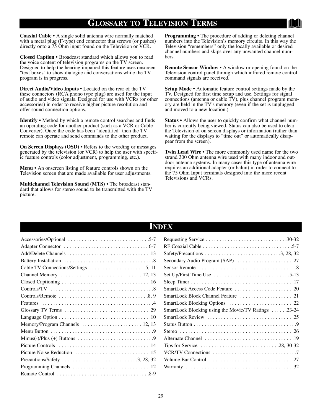 Philips PS1946C1 manual Glossary to Television Terms, Index 