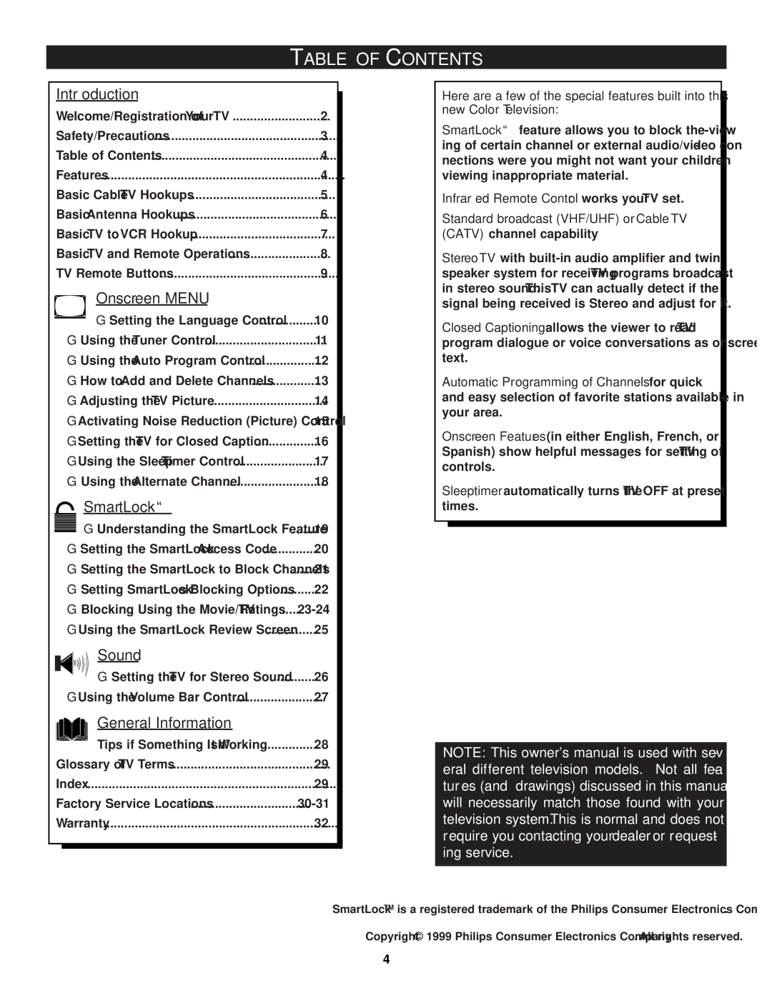 Philips PS1946C1 manual Table of Contents 