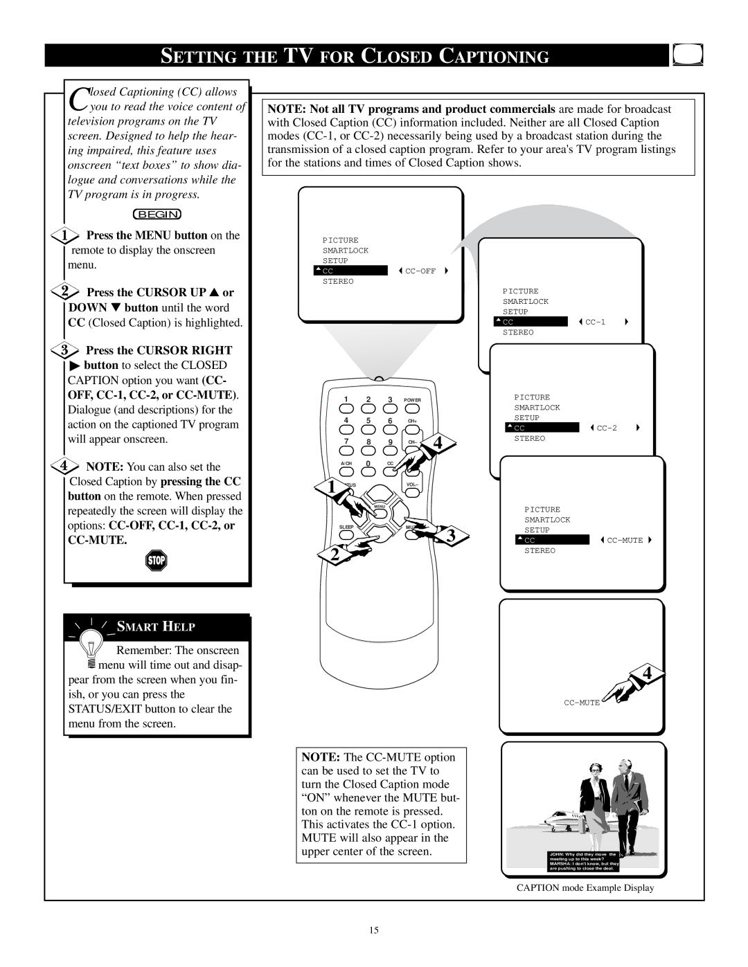 Philips PS1947C1 manual Setting the TV for Closed Captioning, Down button until the word CC Closed Caption is highlighted 