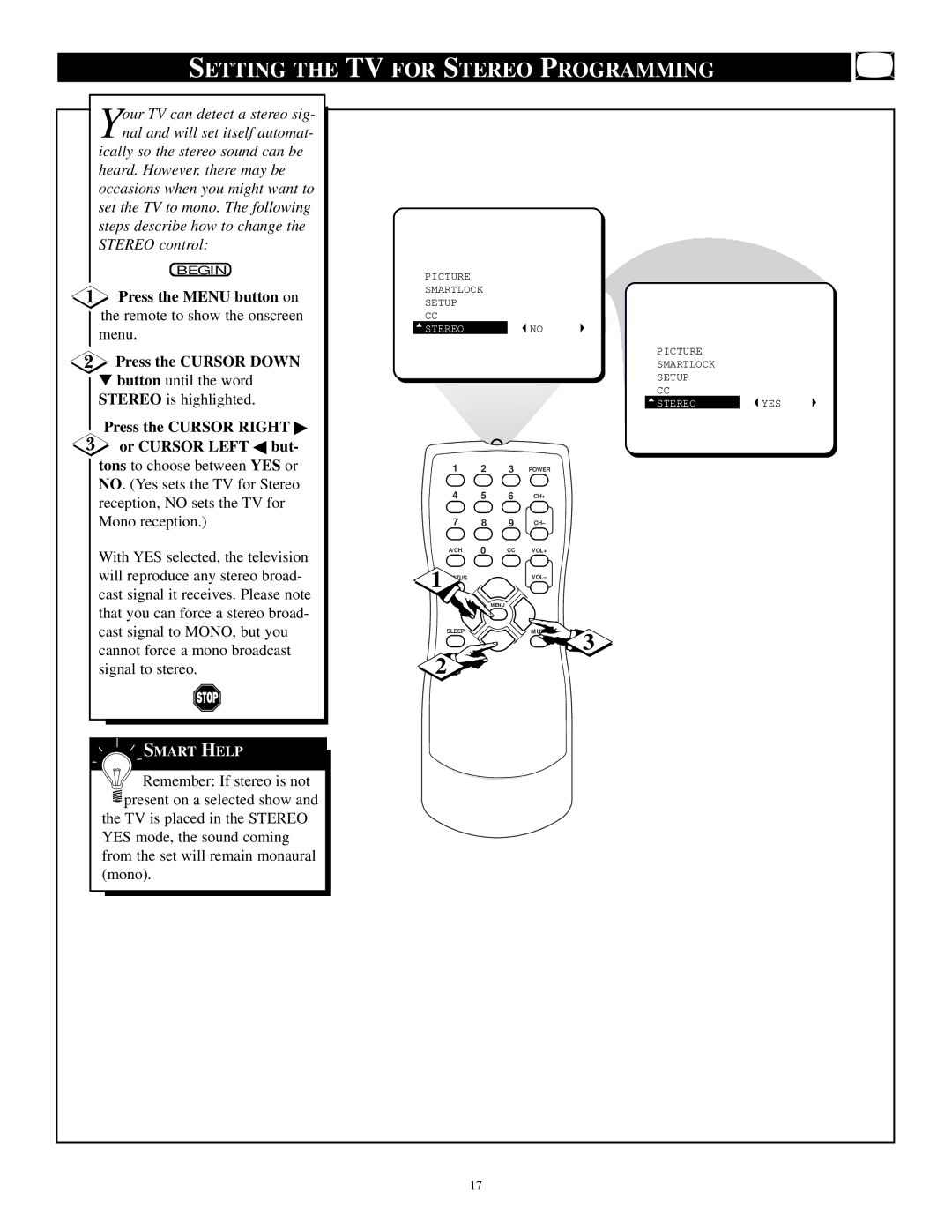 Philips PS1947C1 manual Setting the TV for Stereo Programming, Press the Cursor Right Or Cursor Left but 