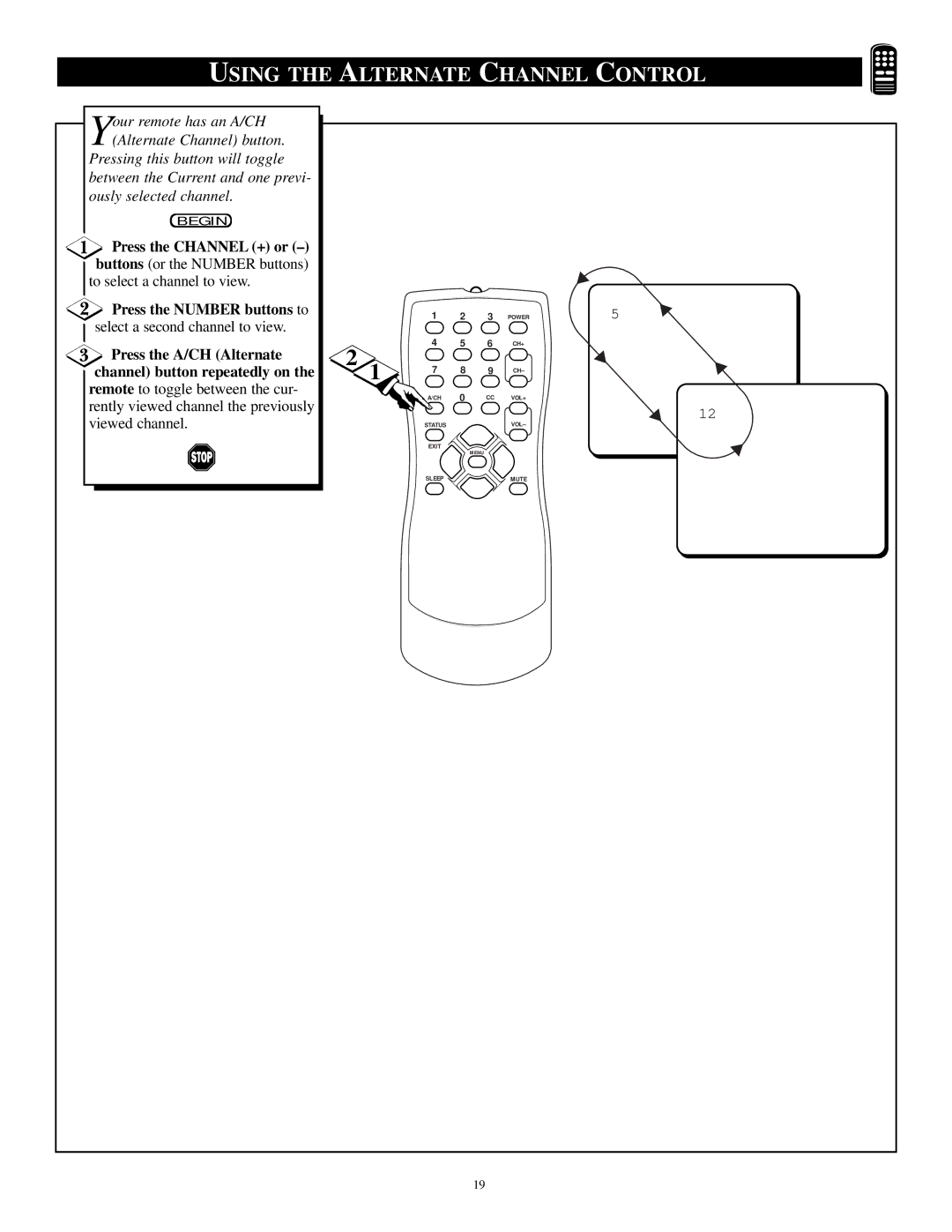 Philips PS1947C1 manual Using the Alternate Channel Control, Press the Channel + or, Press the Number buttons to 