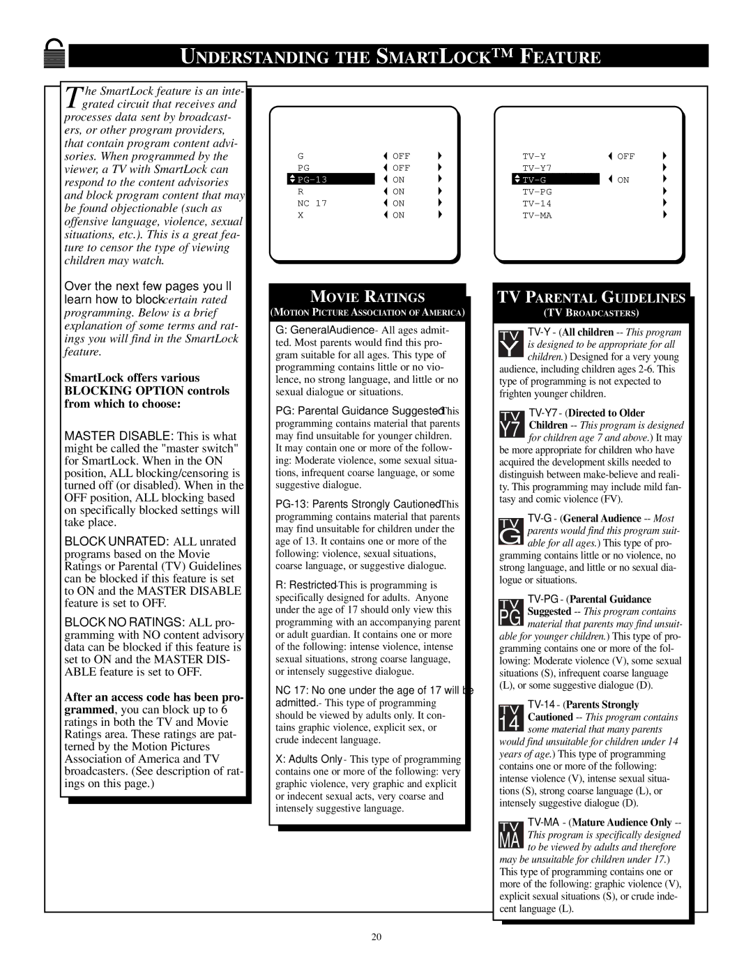 Philips PS1947C1 manual Understanding the Smartlock Feature, Movie Ratings 