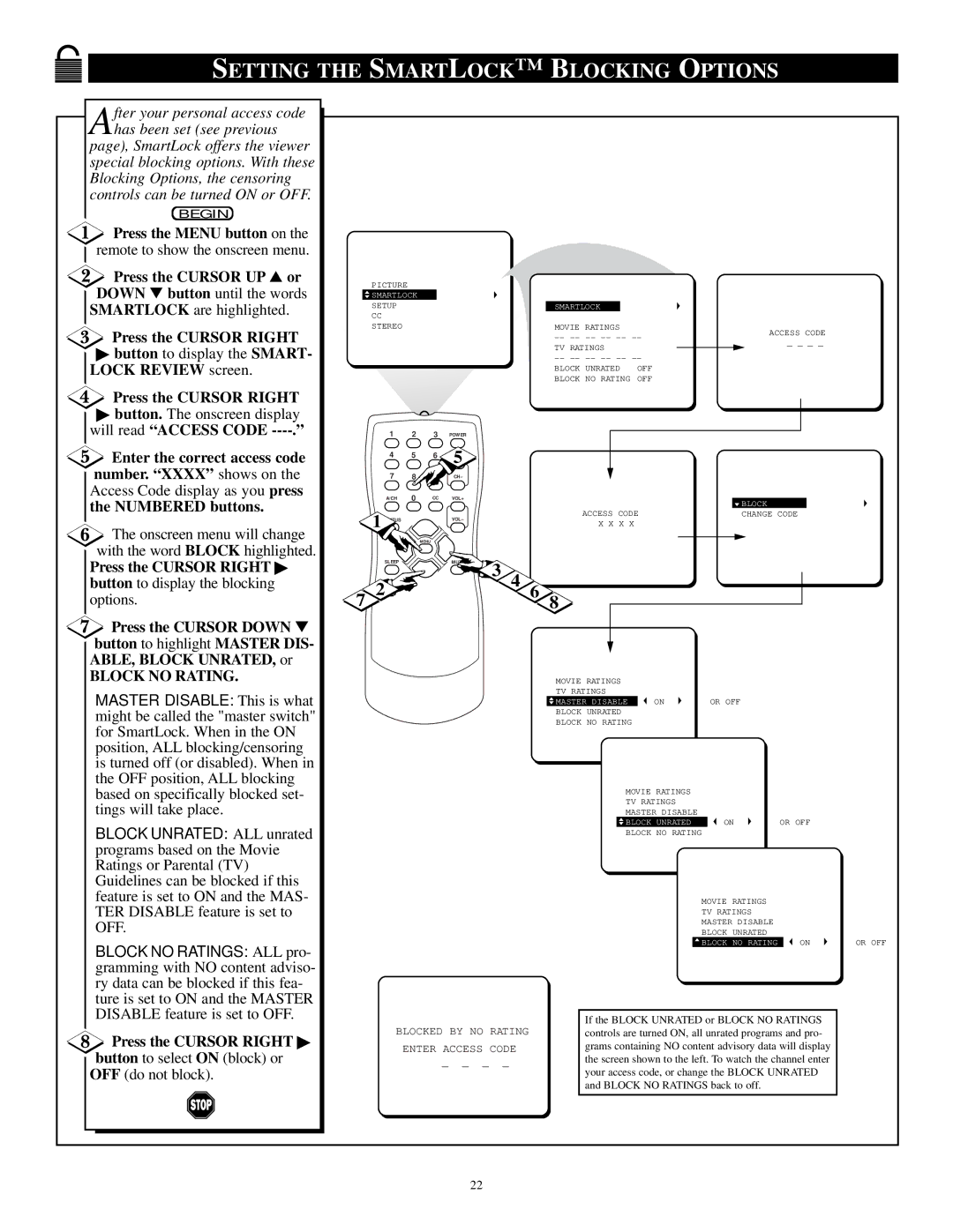 Philips PS1947C1 manual Setting the Smartlock Blocking Options, Press the Cursor UP or Down button until the words 