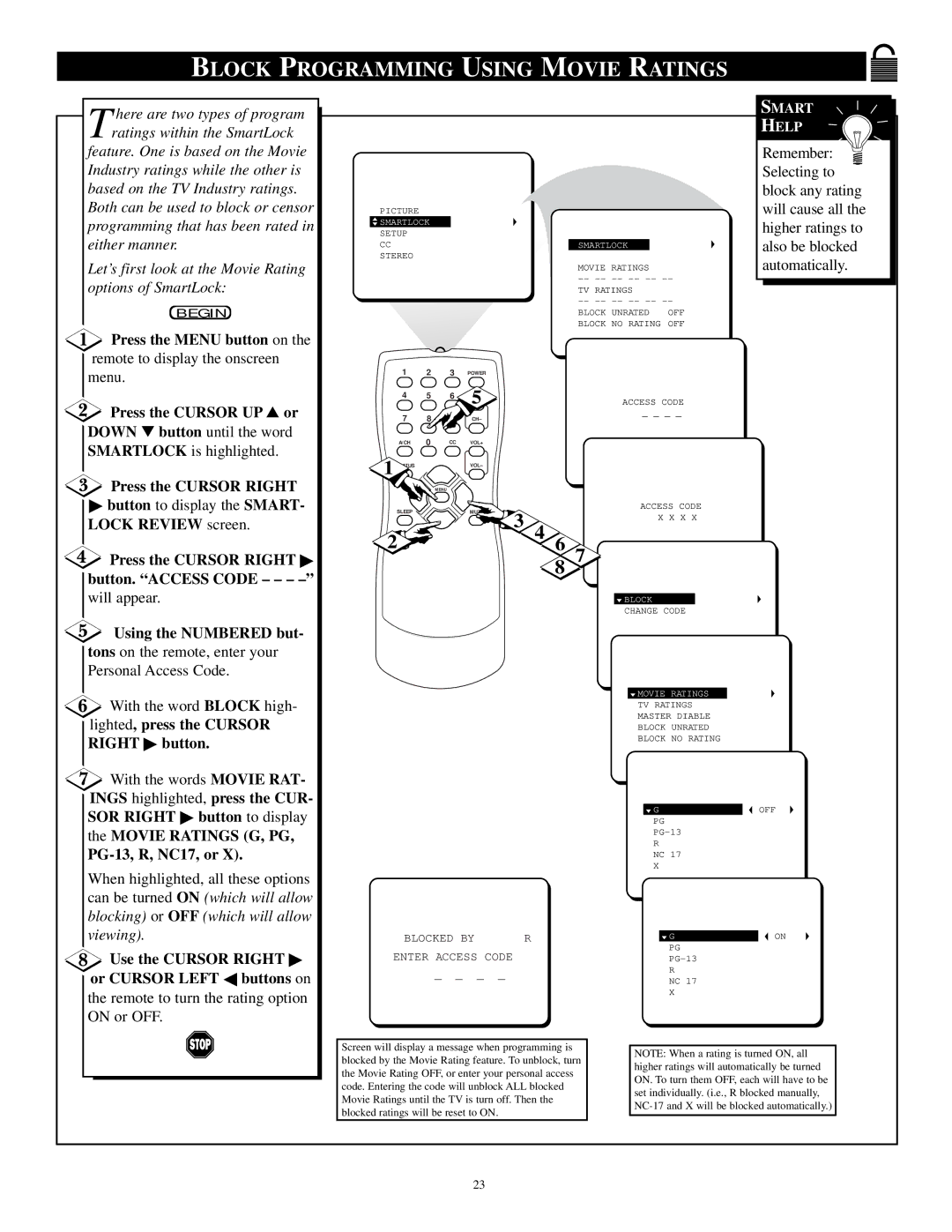 Philips PS1947C1 Block Programming Using Movie Ratings, Press the Cursor Right button. Access Code, PG-13, R, NC17, or 