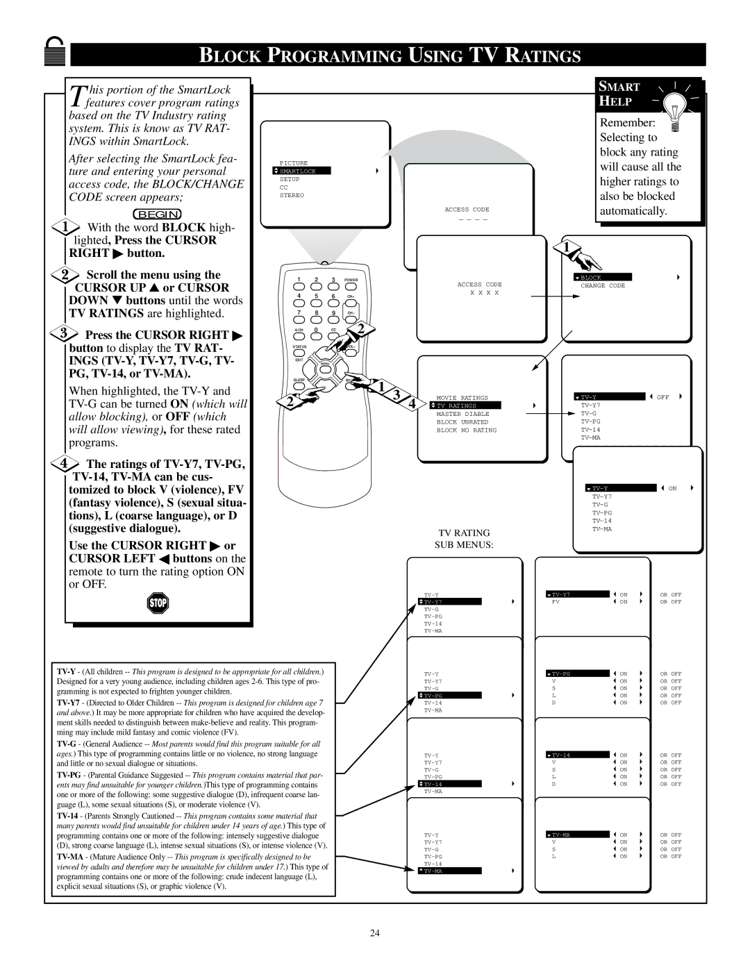 Philips PS1947C1 manual Block Programming Using TV Ratings, Right button Scroll the menu using, Cursor UP or Cursor 