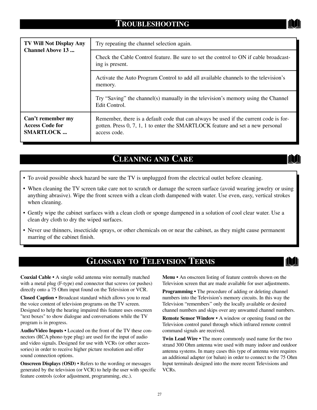 Philips PS1947C1 manual Cleaning and Care, Glossary to Television Terms 