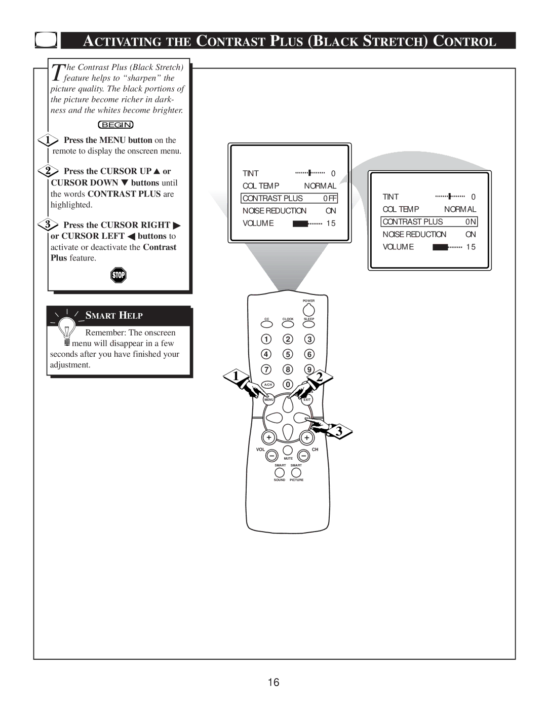 Philips PS1956C1 manual Activating the Contrast Plus Black Stretch Control, Or Cursor Left buttons to 