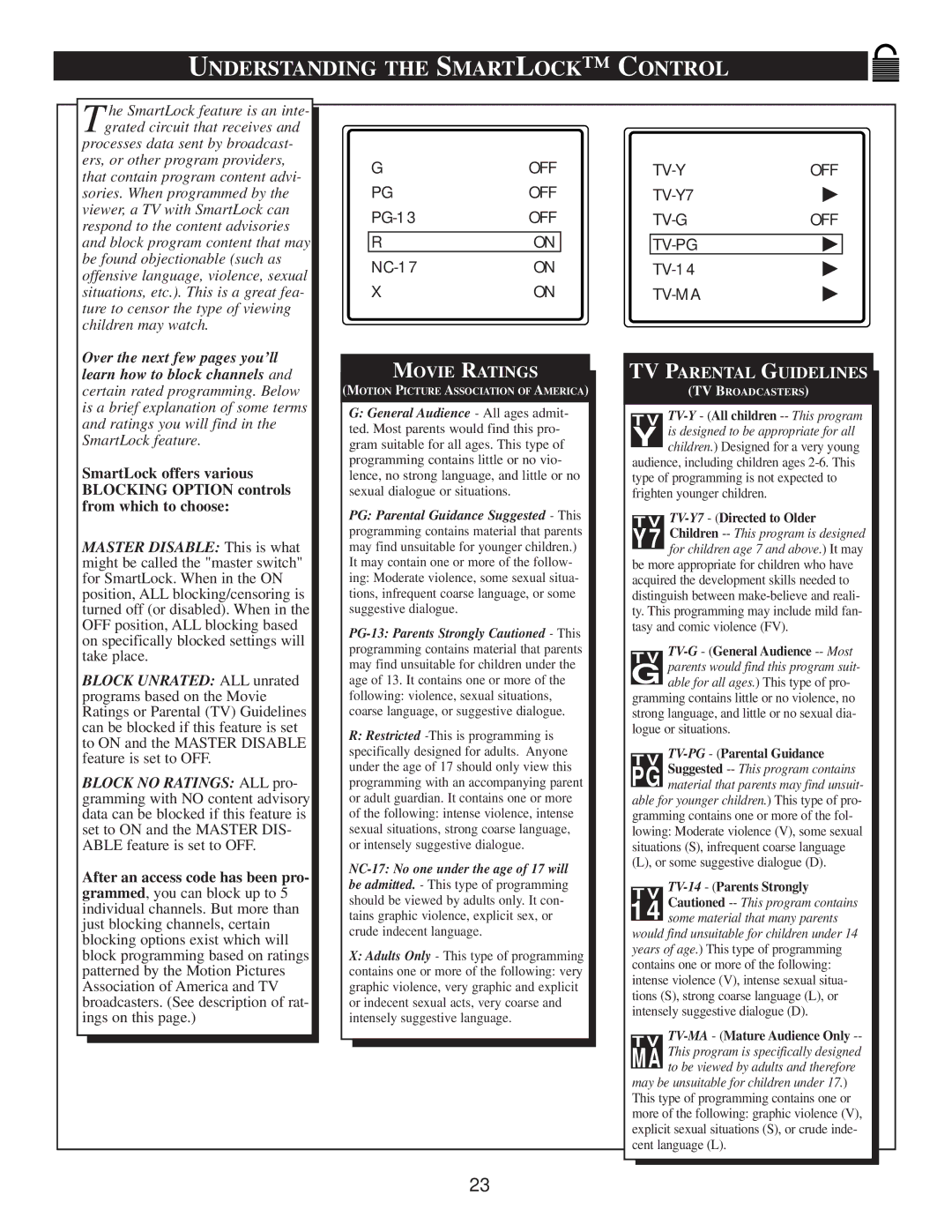 Philips PS1956C1 manual Understanding the Smartlock C Ontrol, Movie Ratings 