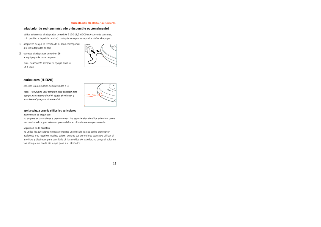 Philips psa [cd8 manual Adaptador de red suministrado o disponible opcionalmente, Auriculares HJO20 