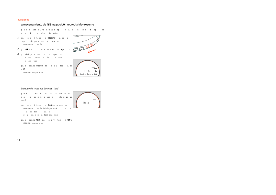 Philips psa [cd8 manual Almacenamiento de la última posición reproducida resume, Bloqueo de todos los botones hold 