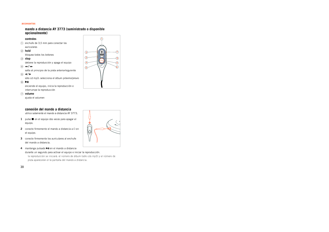 Philips psa [cd8 manual Conexión del mando a distancia, Controles, Hold, Stop, Volume 