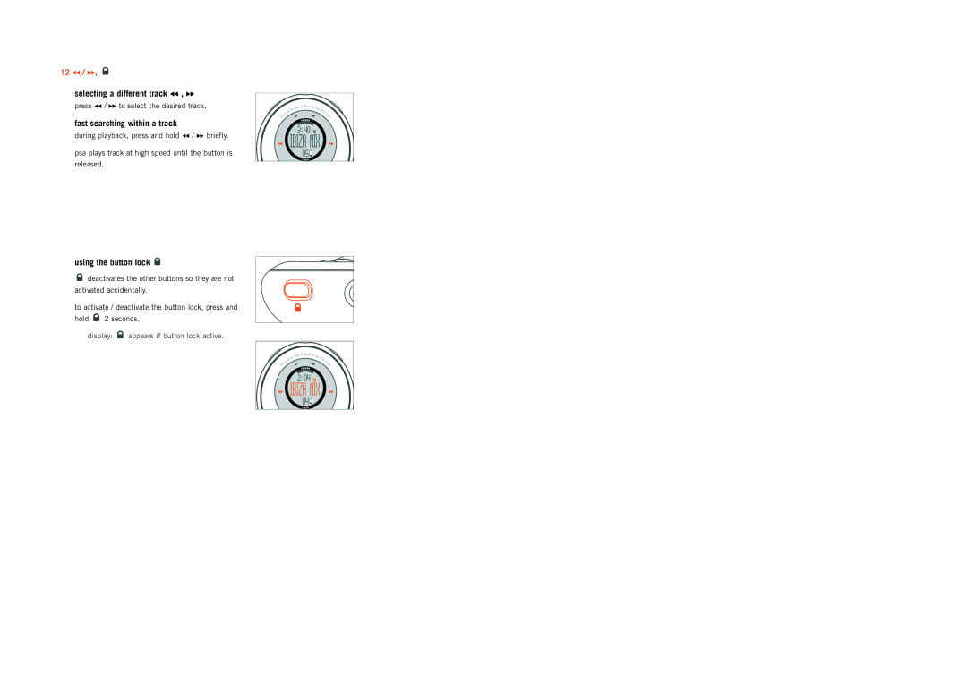 Philips Psa128max manual Selecting a different track 5, Fast searching within a track, Using the button lock 