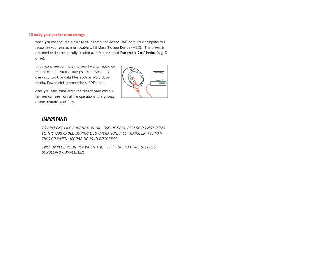 Philips PSA200/17B manual Using your psa for mass storage 