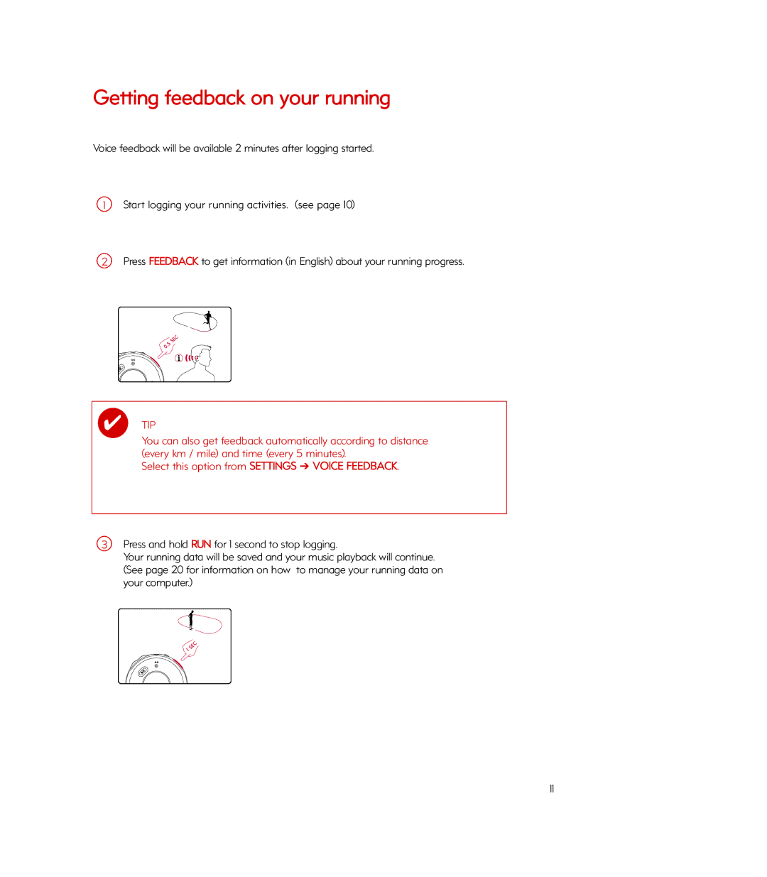 Philips PSA260/17, Psa260 Getting feedback on your running, Press and hold RUN for 1 second to stop logging, Your computer 