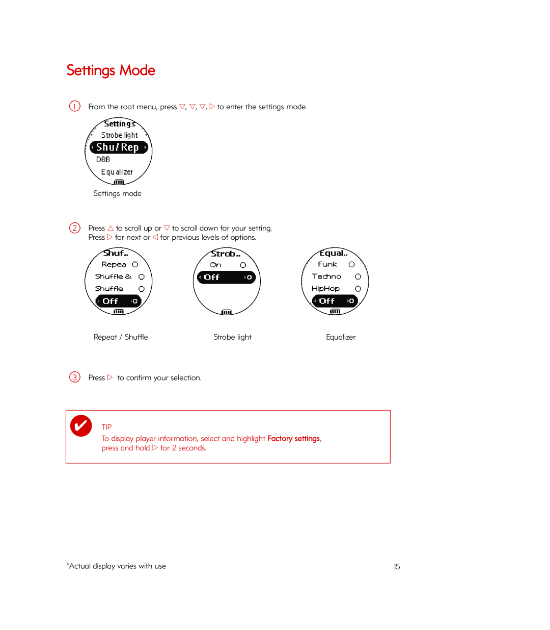 Philips PSA260/17, Psa260 manual Settings Mode, Repeat / Shuffle Strobe light, Press 2 to confirm your selection 