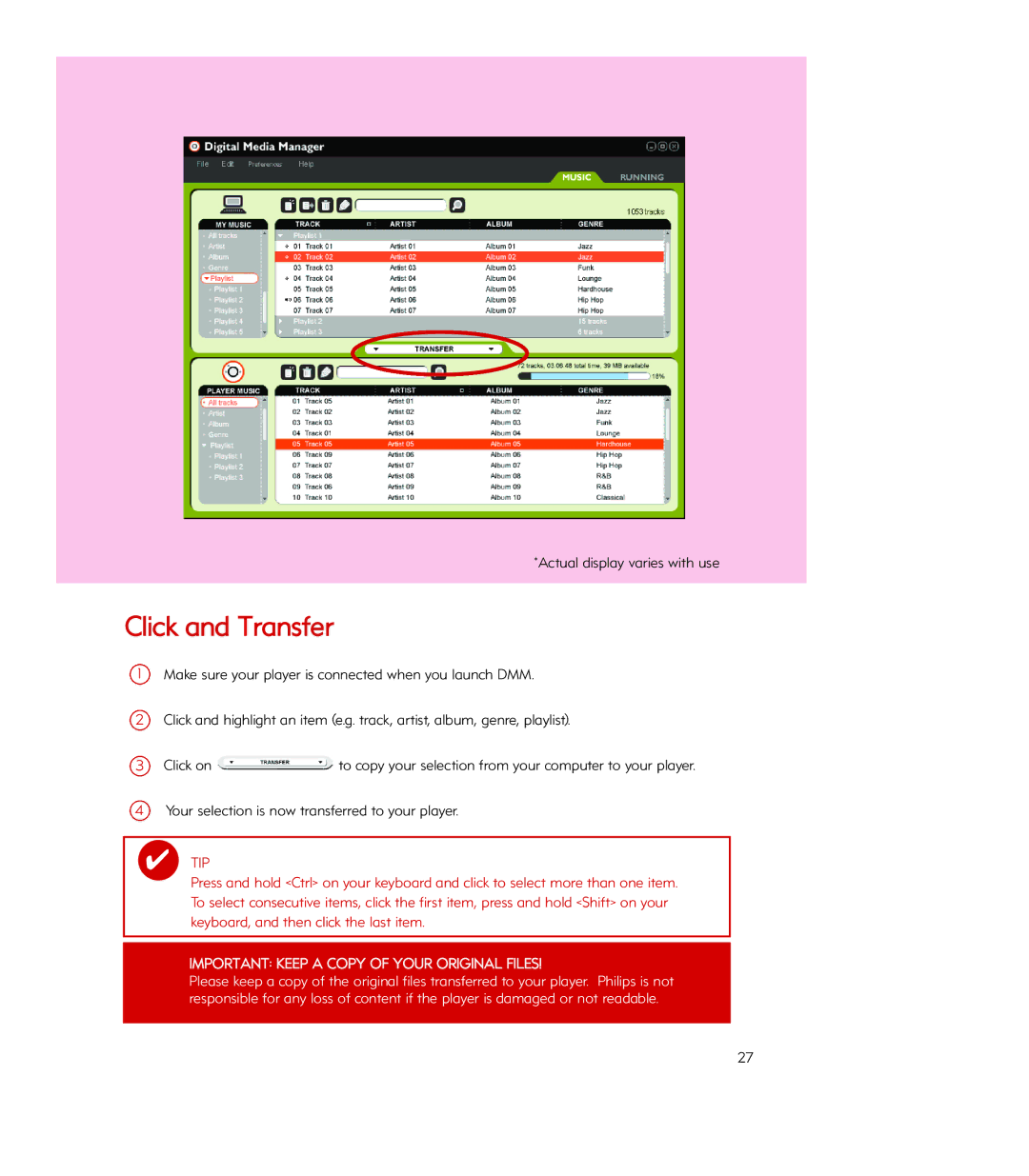 Philips PSA260/17, Psa260 manual Click and Transfer, Important Keep a Copy of Your Original Files 