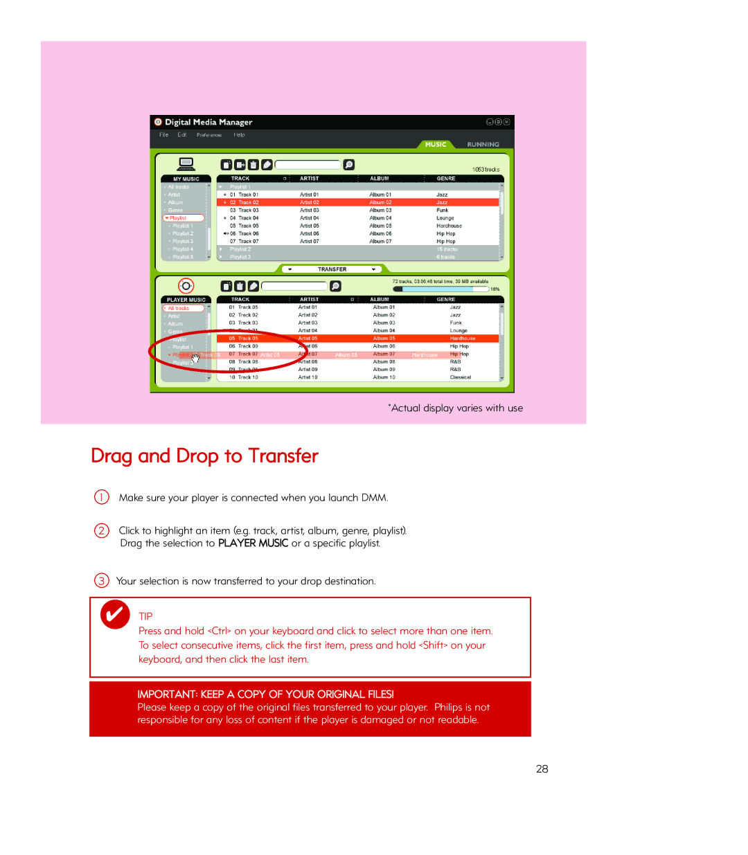 Philips Psa260, PSA260/17 manual Drag and Drop to Transfer, Make sure your player is connected when you launch DMM 