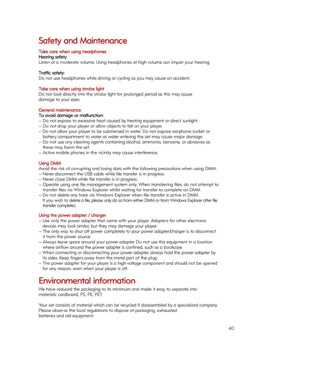 Philips Psa260, PSA260/17 manual Safety and Maintenance, Environmental information 