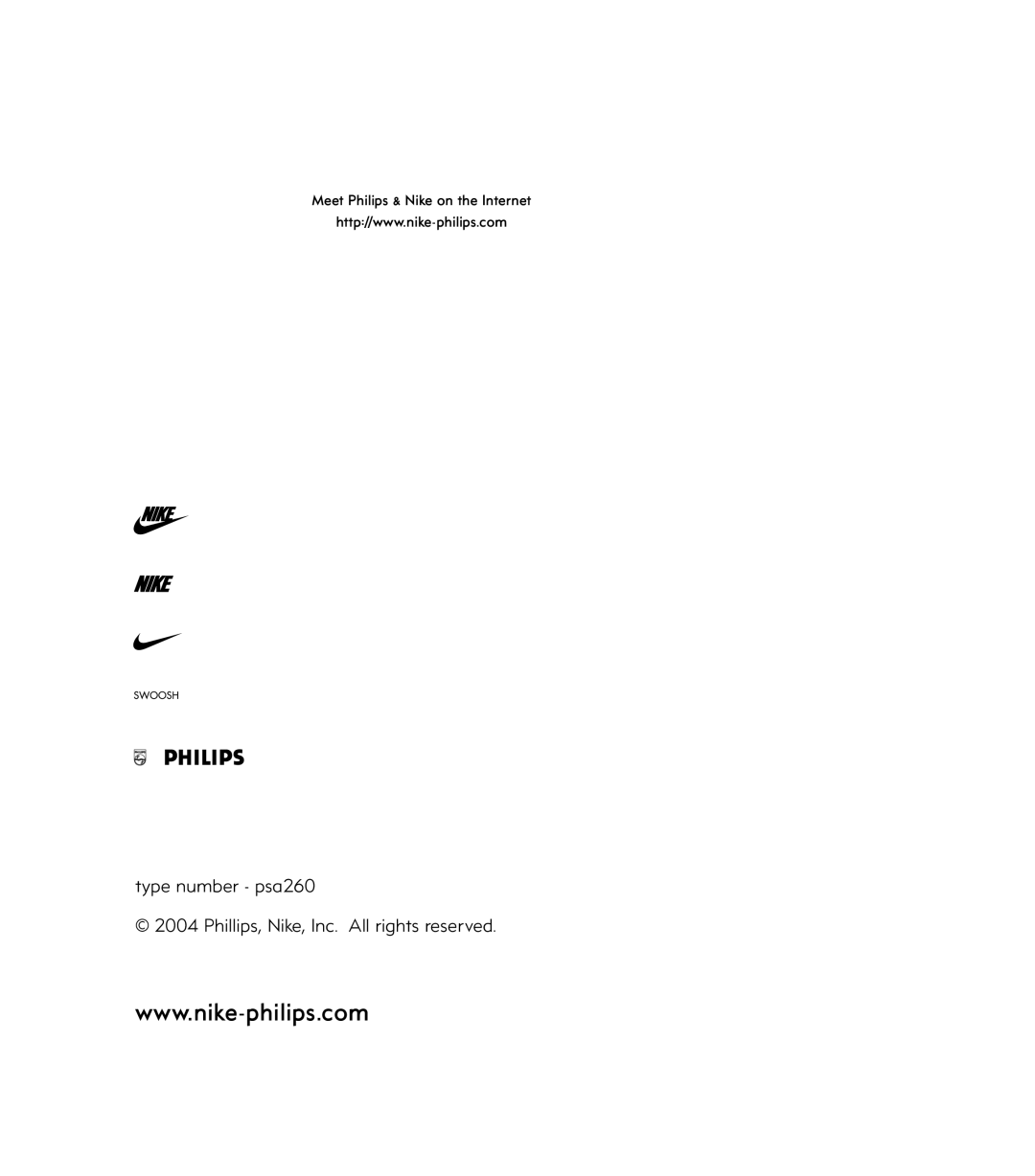 Philips PSA260/17, Psa260 manual Type number psa260 Phillips, Nike, Inc. All rights reserved 