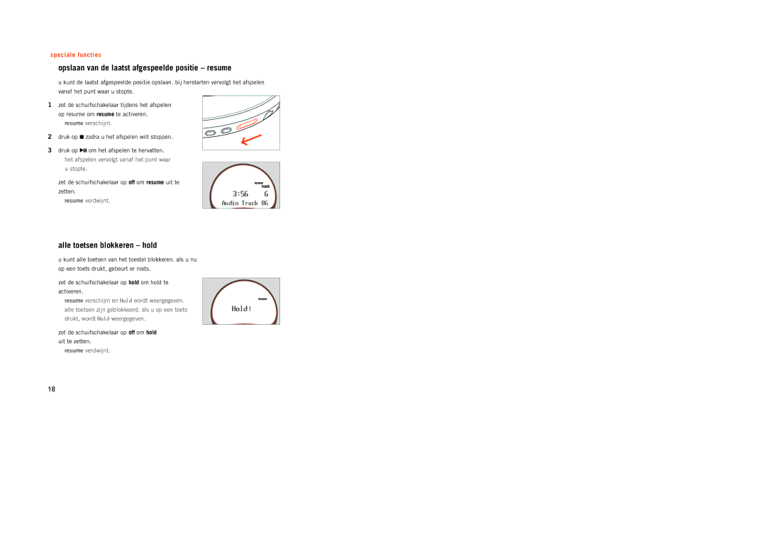 Philips PSA[CD12 manual Opslaan van de laatst afgespeelde positie resume, Alle toetsen blokkeren hold 