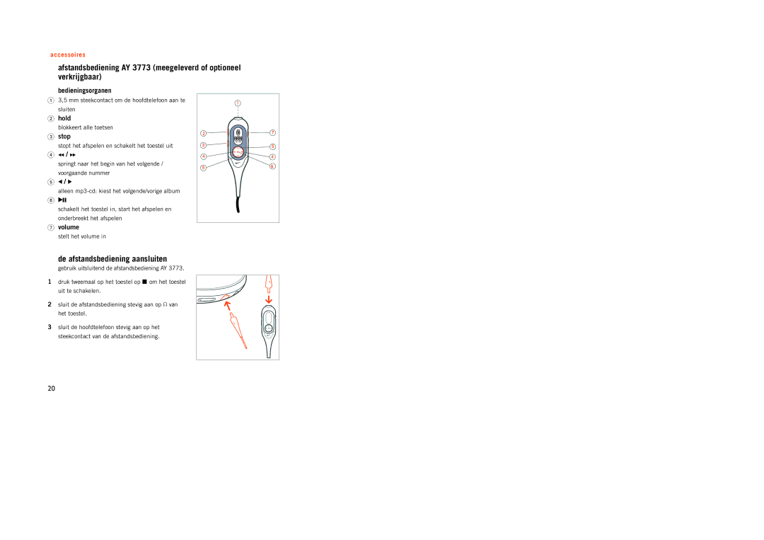 Philips PSA[CD12 manual De afstandsbediening aansluiten, Bedieningsorganen, Hold, Stop, Volume 