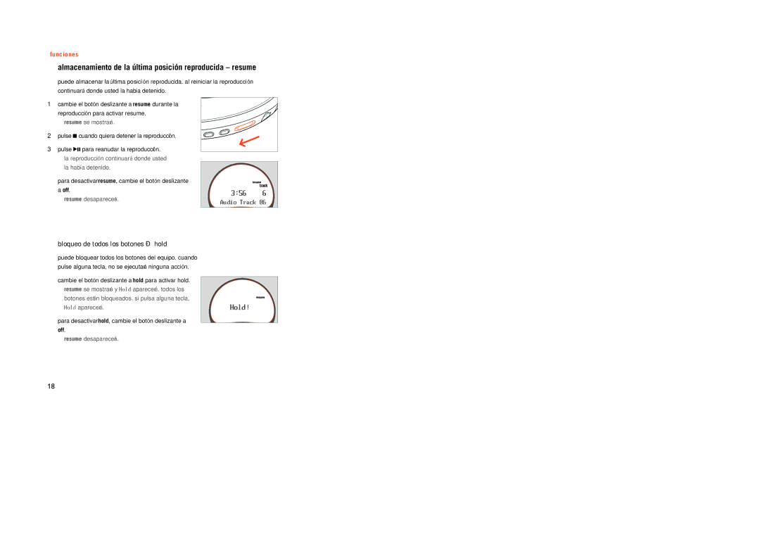 Philips PSA[CD12 manual Almacenamiento de la última posición reproducida resume, Bloqueo de todos los botones hold 