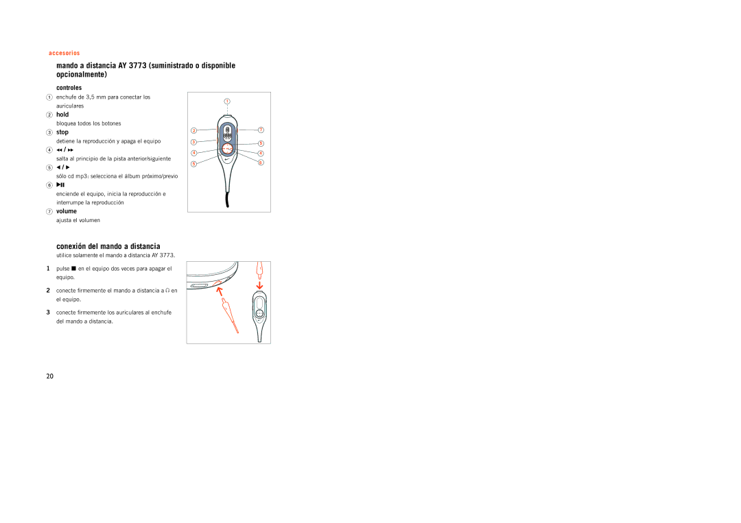 Philips PSA[CD12 manual Conexión del mando a distancia, Controles, Hold, Stop, Volume 