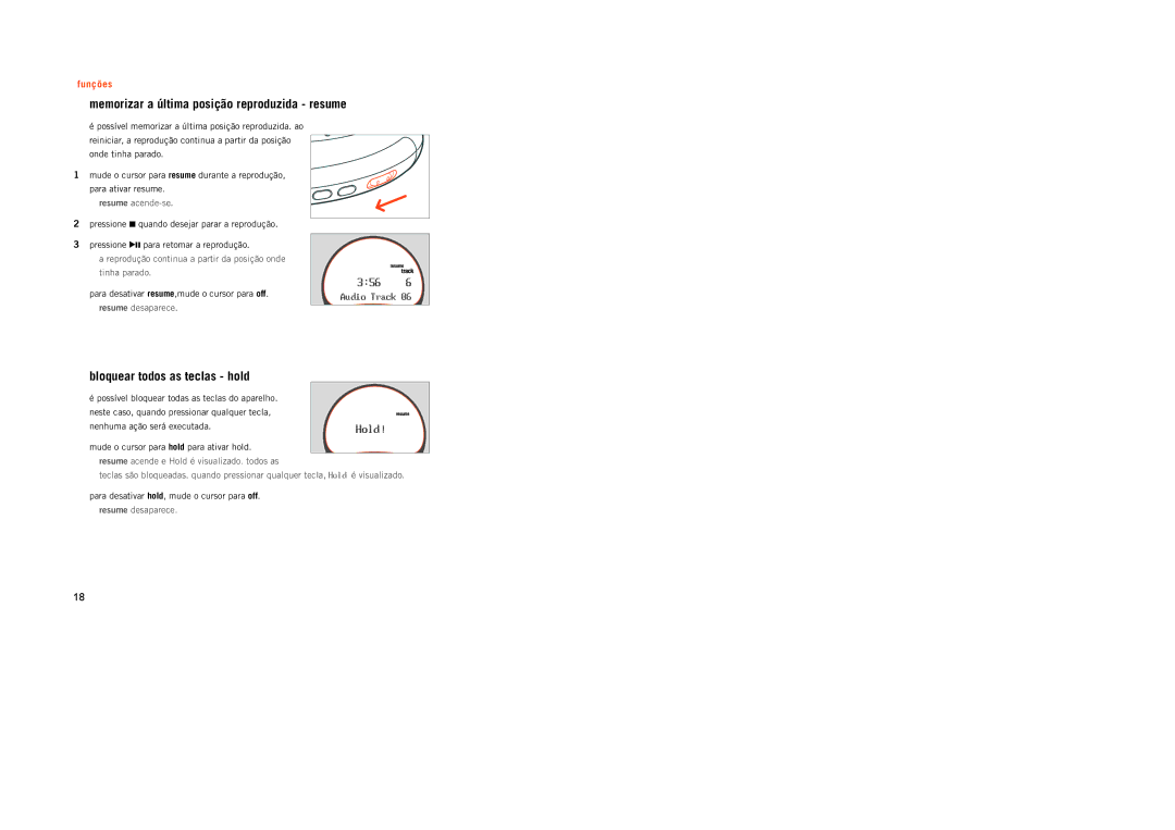 Philips PSA[CD8 manual Memorizar a última posição reproduzida resume, Bloquear todos as teclas hold 