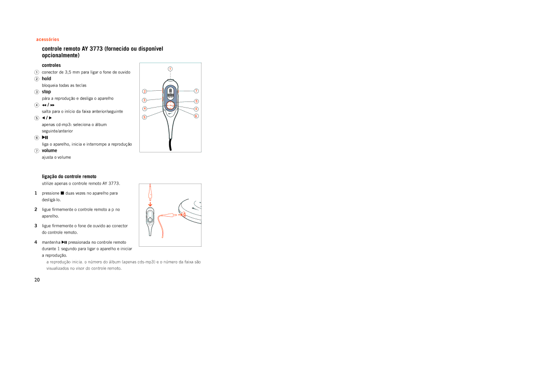 Philips PSA[CD8 manual Controles, Hold, Stop, Volume ajusta o volume Ligação do controle remoto 