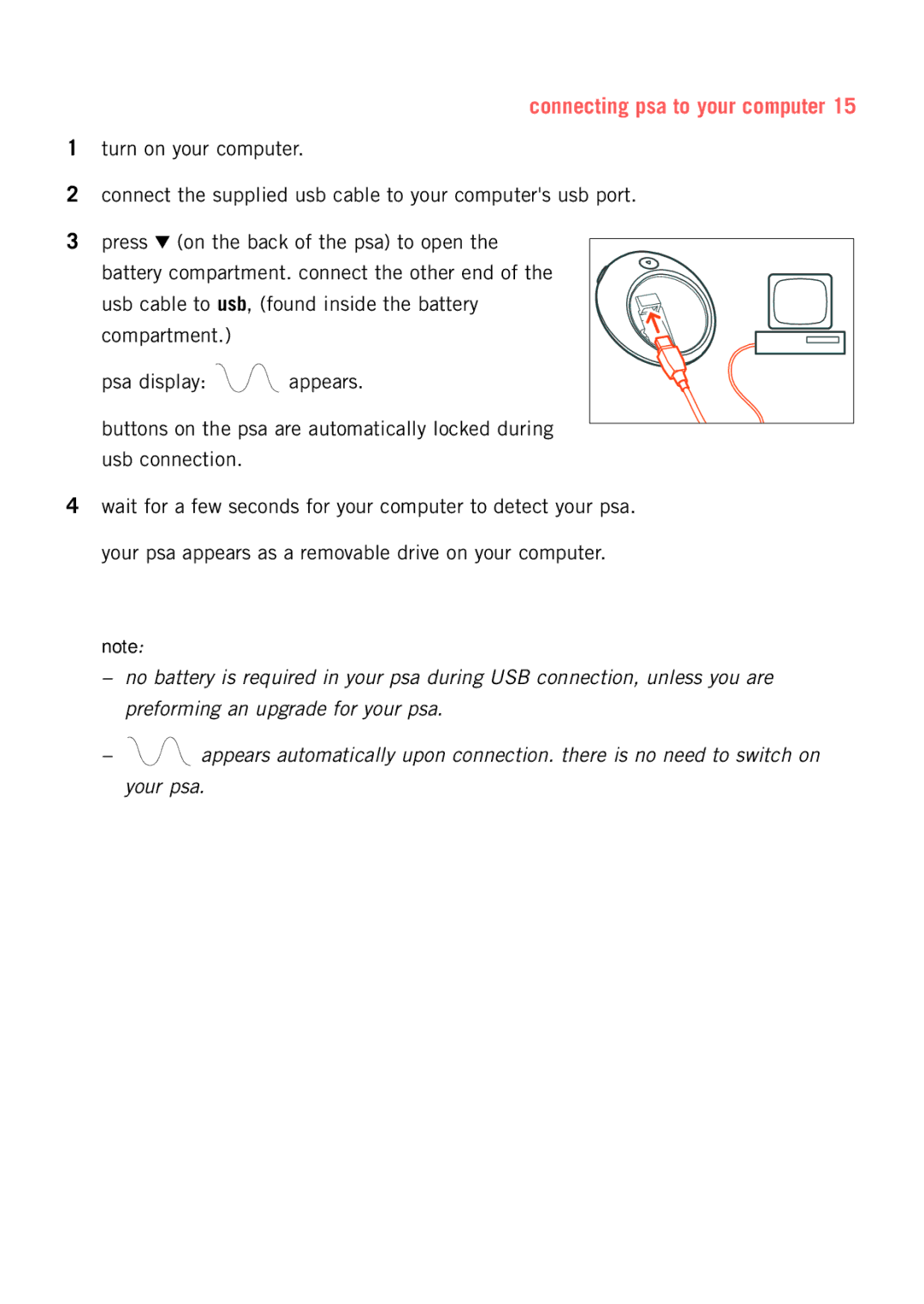 Philips psaplay user manual Connecting psa to your computer 