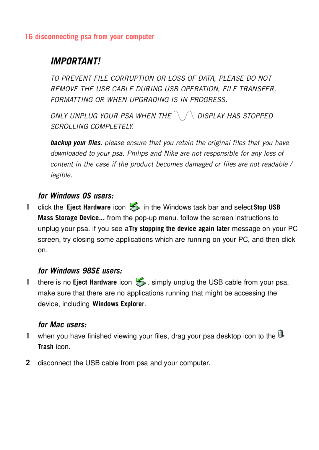 Philips psaplay user manual For Windows OS users, Disconnecting psa from your computer 