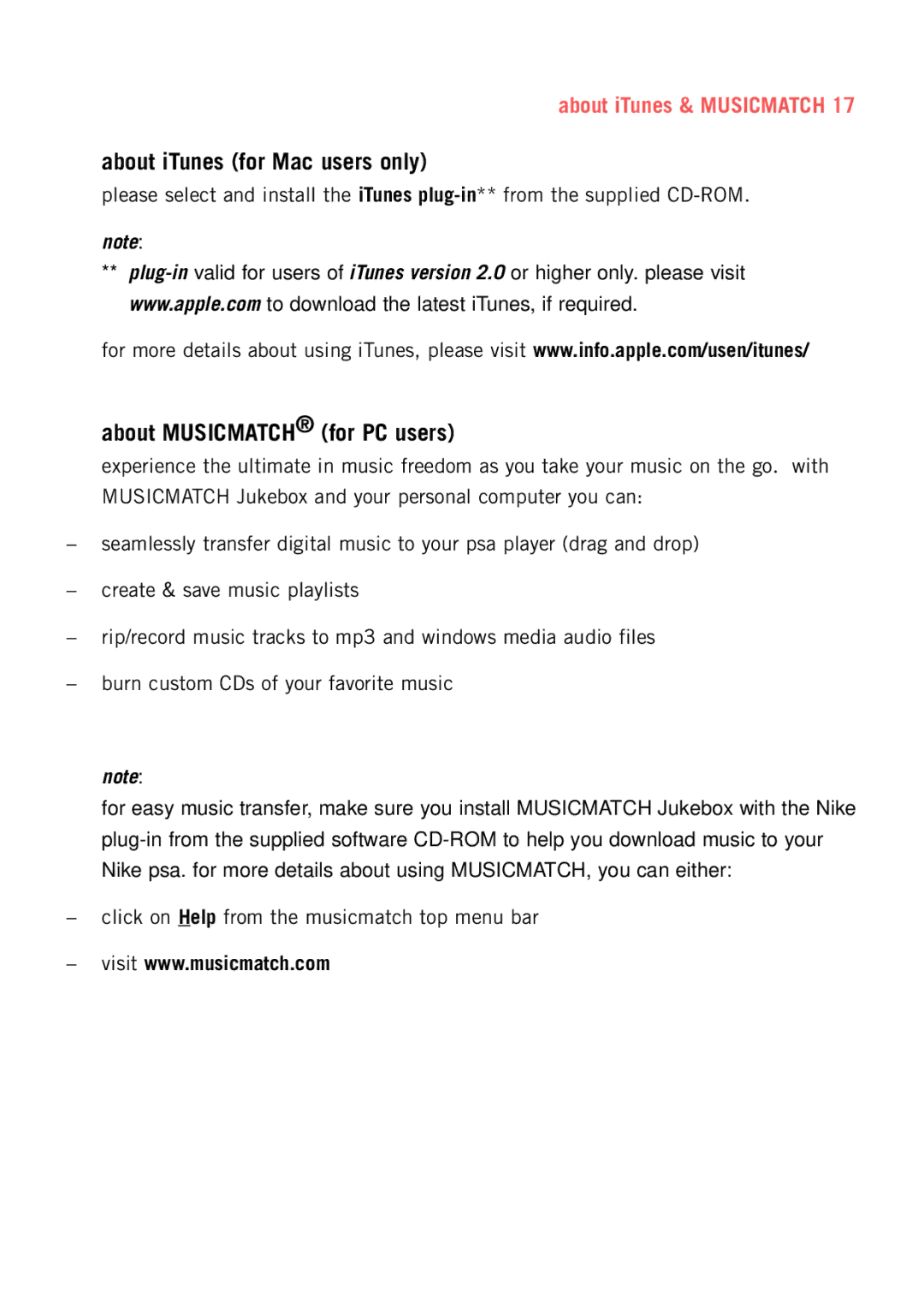 Philips psaplay user manual About iTunes for Mac users only, About Musicmatch for PC users, About iTunes & Musicmatch 