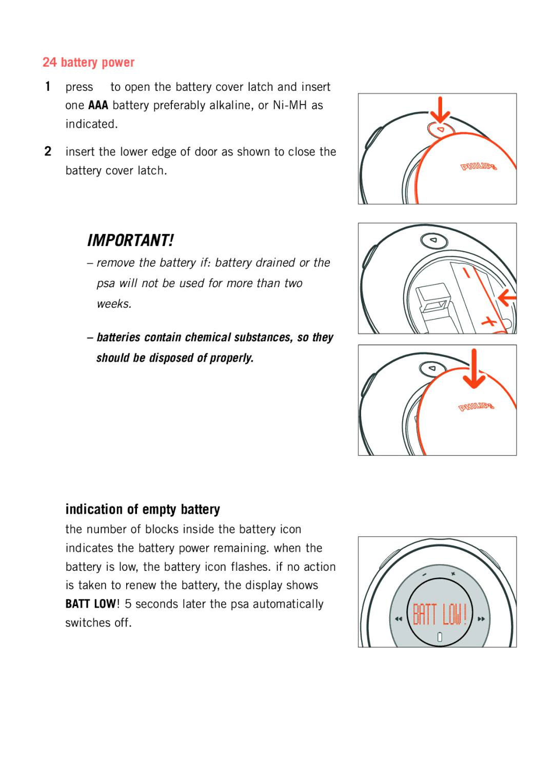 Philips psaplay user manual Indication of empty battery, Battery power 