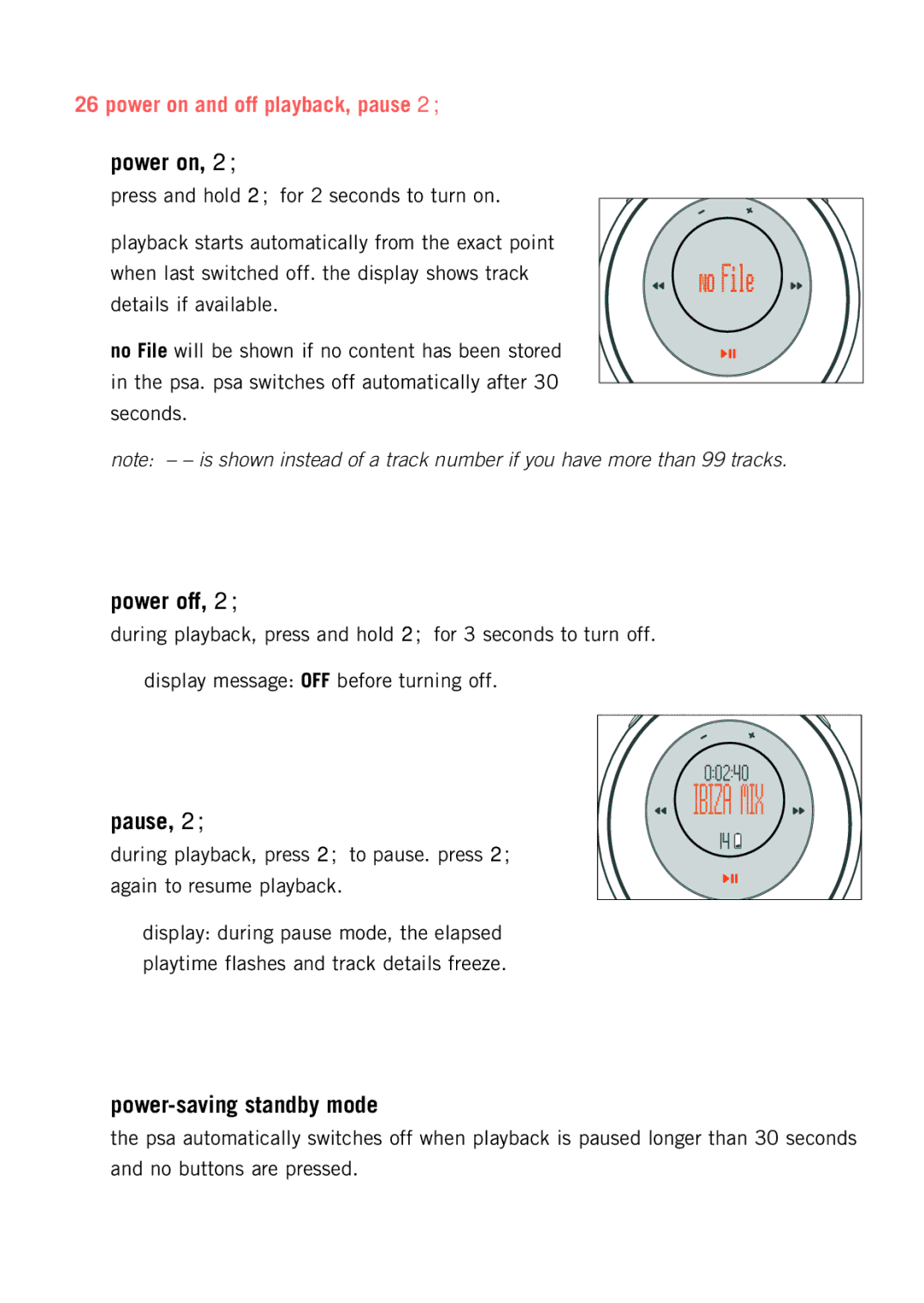 Philips psaplay user manual Power off, Pause, Power-saving standby mode, Power on and off playback, pause 