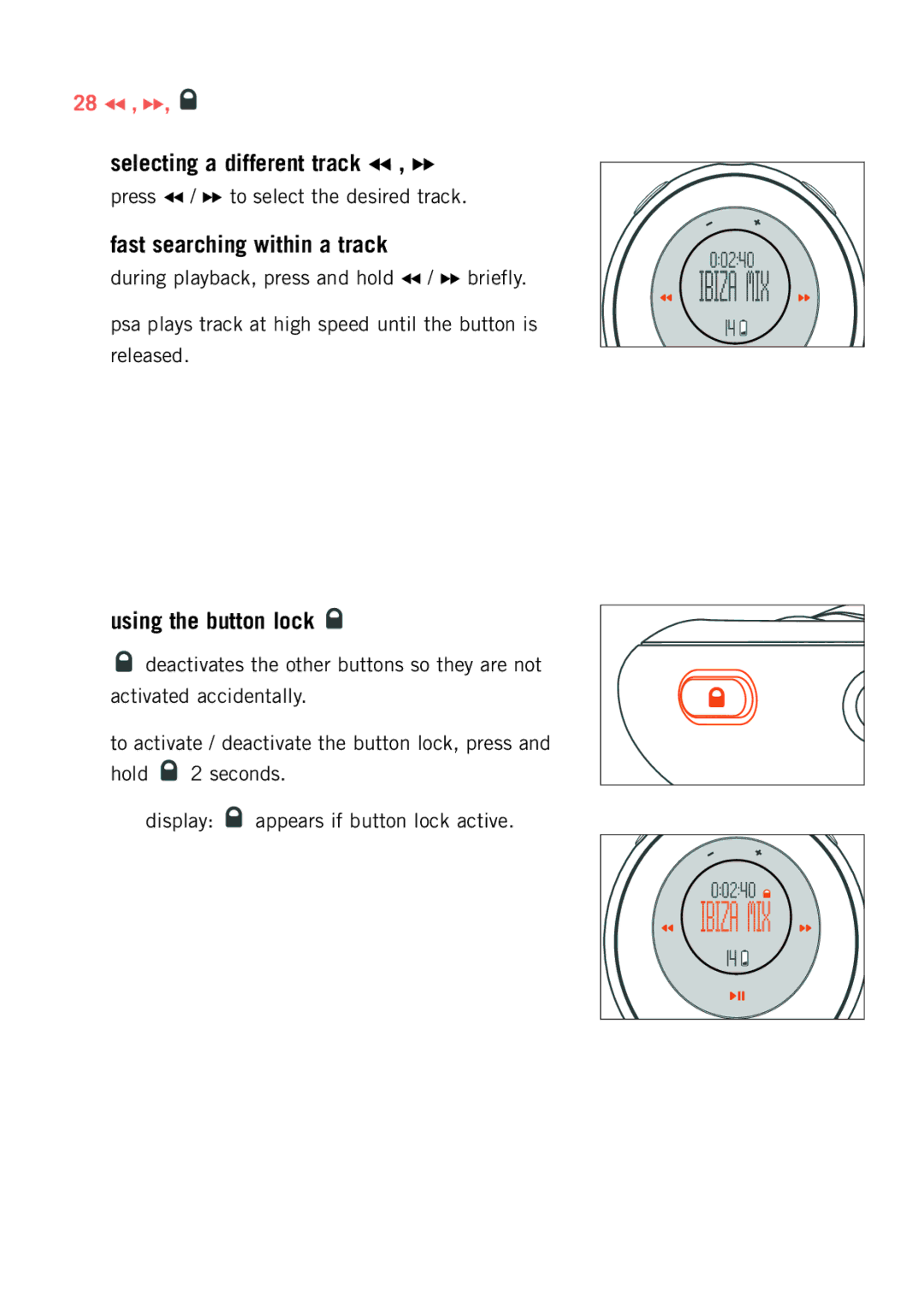 Philips psaplay user manual Selecting a different track 5, Fast searching within a track, Using the button lock, 28 5 