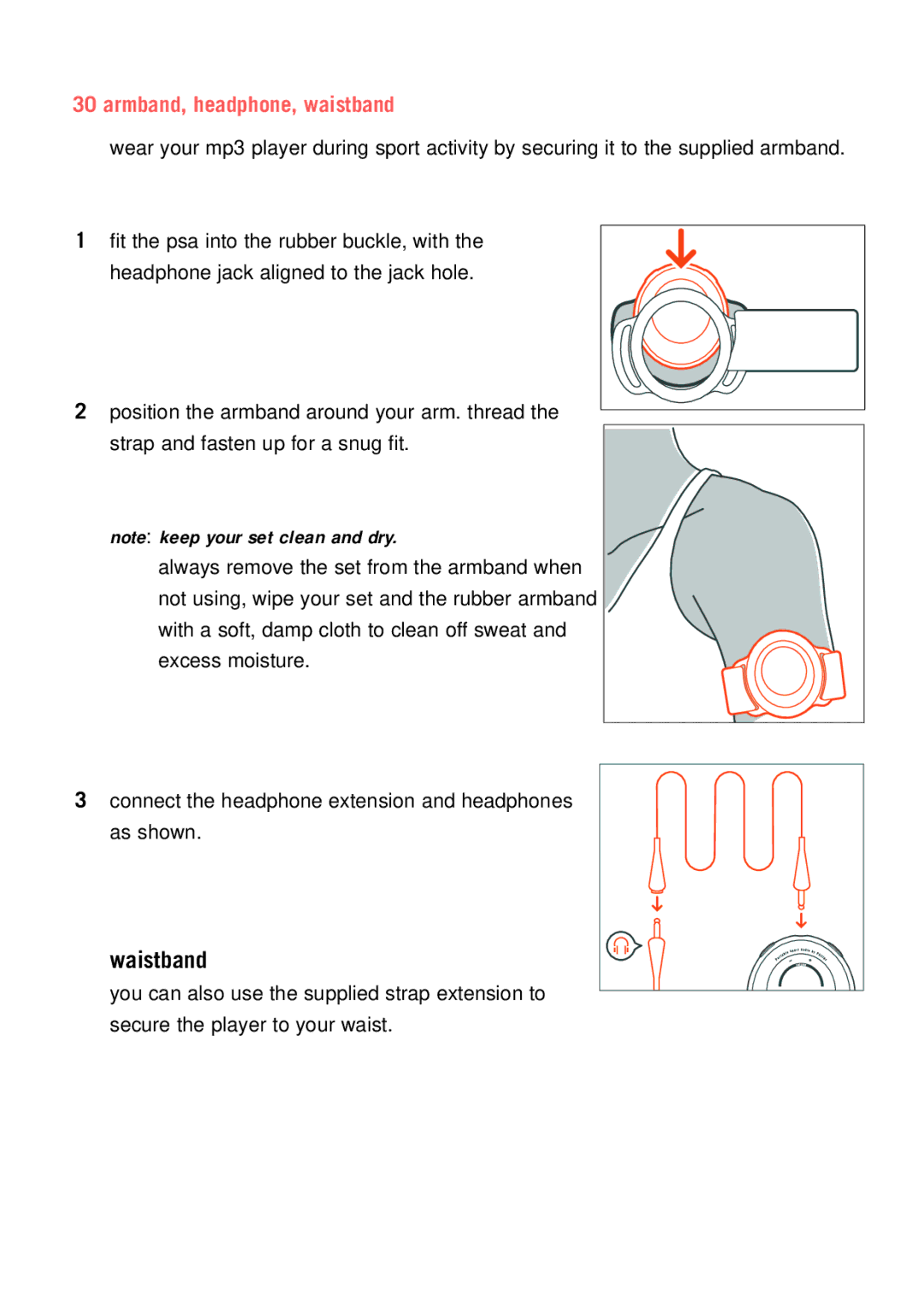 Philips psaplay user manual Waistband, Armband, headphone, waistband 