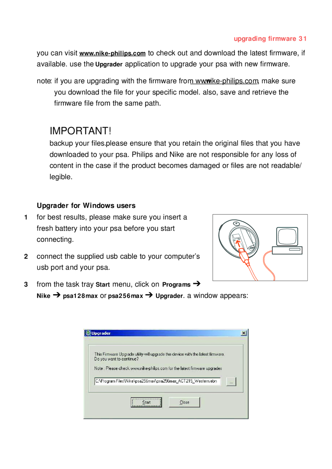 Philips psaplay Upgrader for Windows users, Upgrading firmware, Nike psa128max or psa256max Upgrader. a window appears 