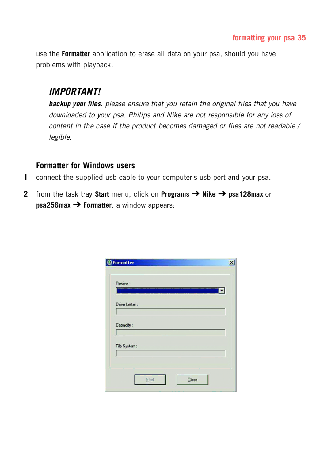 Philips psaplay user manual Formatter for Windows users, Formatting your psa 