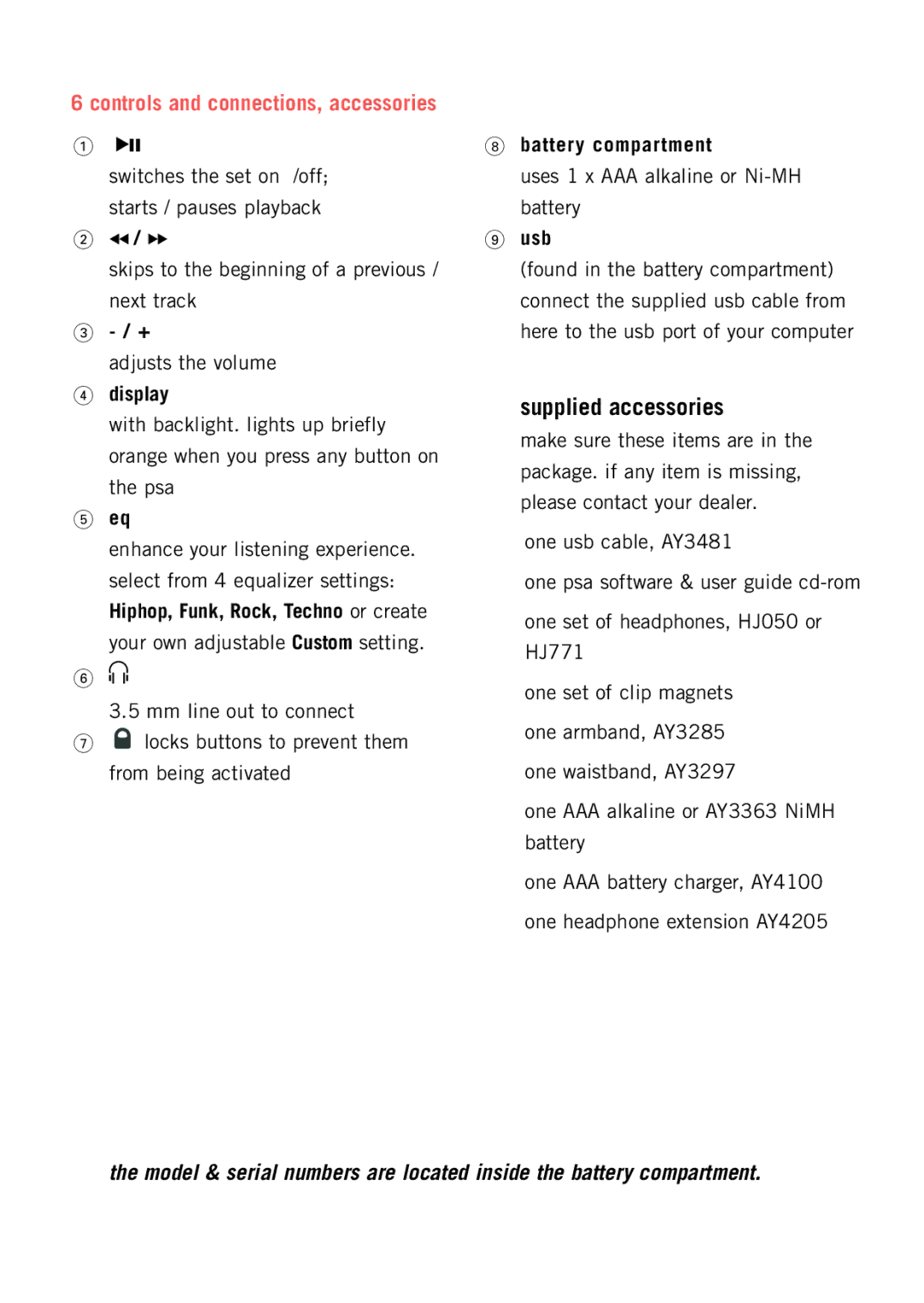 Philips psaplay user manual Supplied accessories, Display, Battery compartment, Usb 