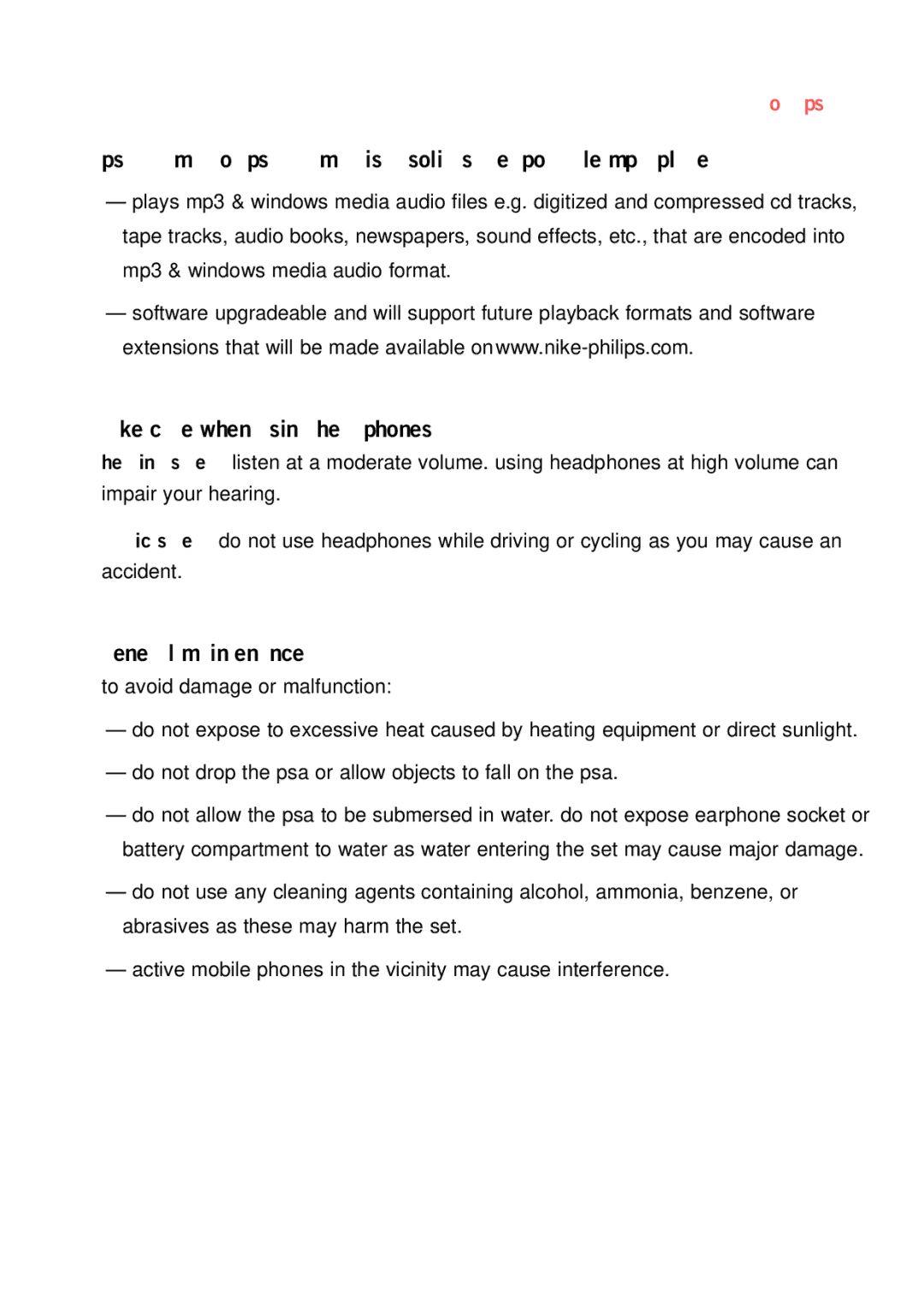 Philips psaplay user manual Take care when using headphones, General maintenance, About psa 