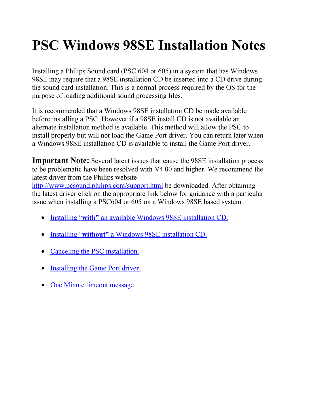 Philips PSC 604, PSC 605 manual PSC Windows 98SE Installation Notes 